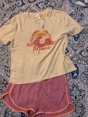 Girls Yellow 'Mami' Floral Tee & Pink Sleep Shorts Set